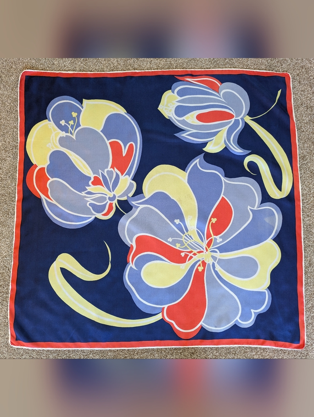 Vintage Navy Floral Silk Scarf with Yellow & Red Accents